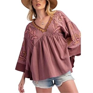 Easel Women's Boho Floral Embroidered Babydoll Top M V-Neck Blouse Hippie Gypsy
